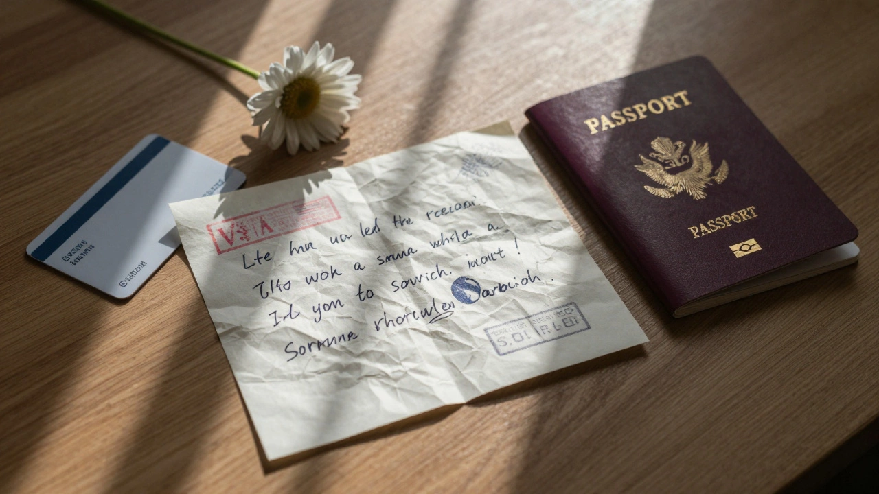 Personal items on a table: passport, keycard, and a flower, symbolizing survival and invisibility in Dubai&#039;s hidden economy.